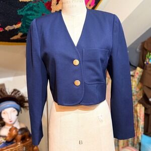 Vintage Ann Taylor Navy Blue Cropped Wool Blazer Gold Buttons‎ Women's Size 4